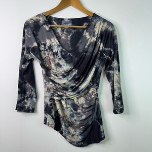 Heyne Bogut Black Cream Tie Dye Wrap Front 3/4 Sleeve Grunge Boho Top‎ Women's M